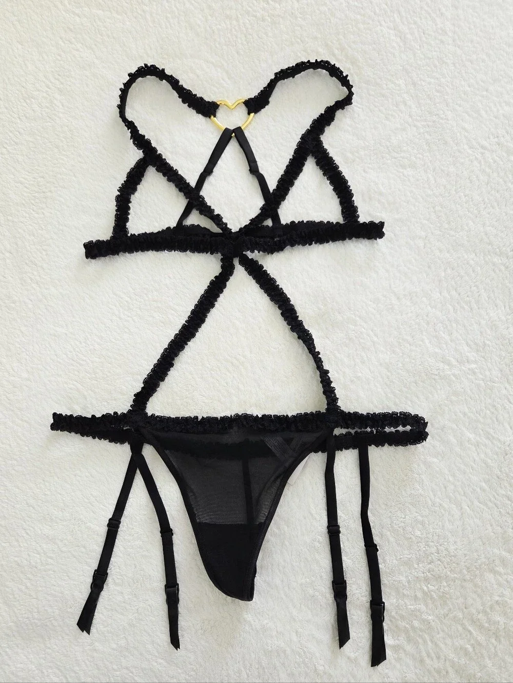 Adore Me ✨️ Women's Black Lace Strappy Bra and Panty Set with Gold Accent Size L